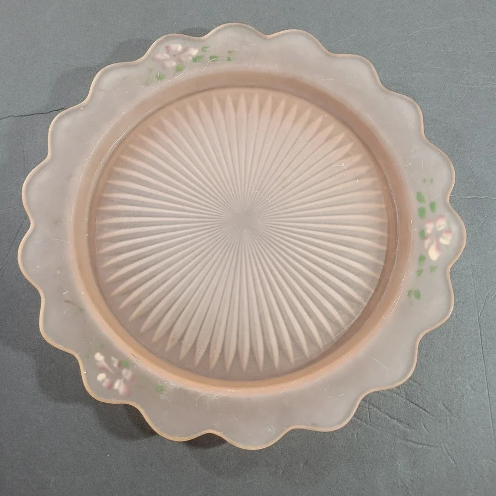 Anchor Hocking Colony Pink Satin Hand Cake Plate Painted Floral Scalloped 13